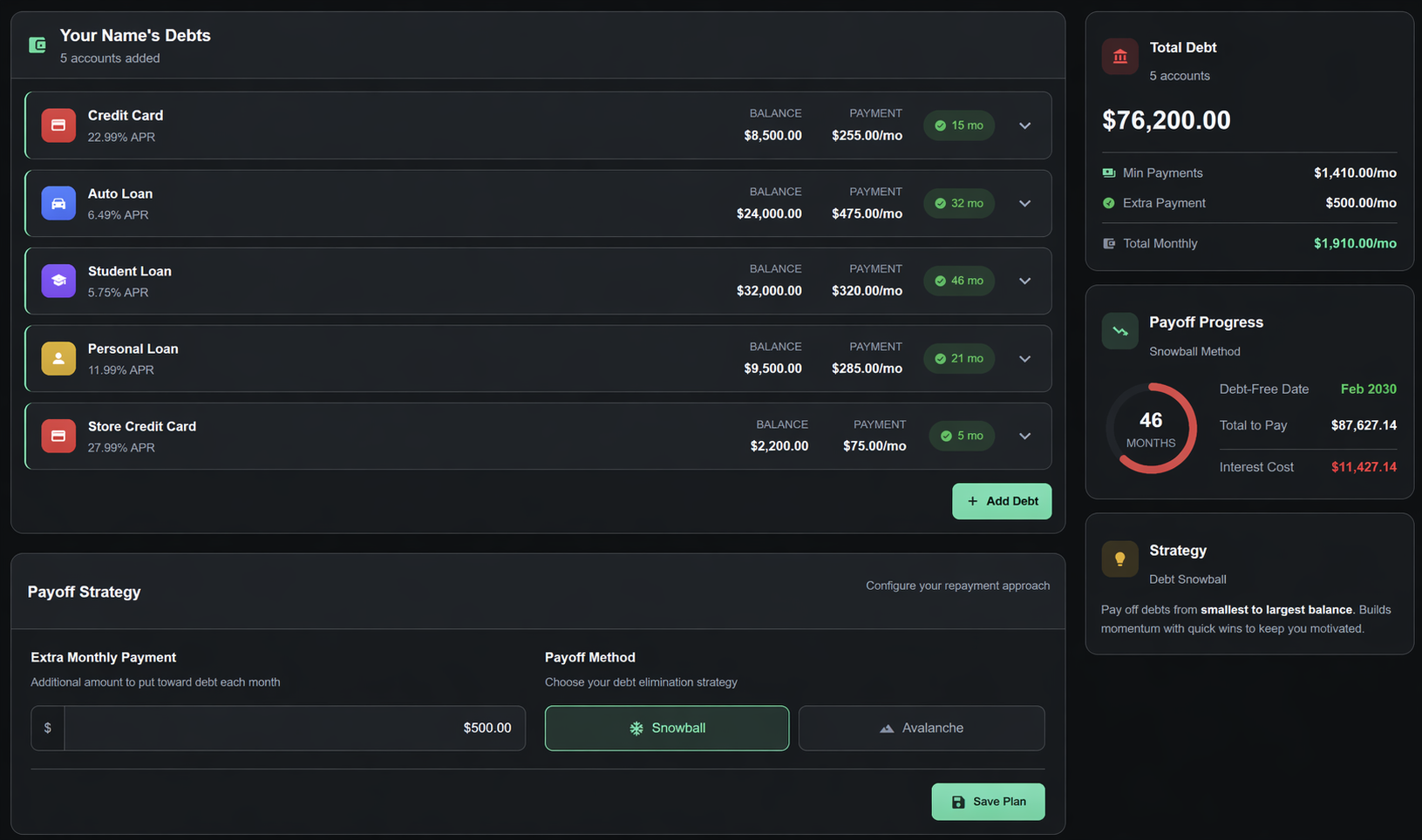 Debt Payoff calculator showing accounts, payoff strategy, and progress summary